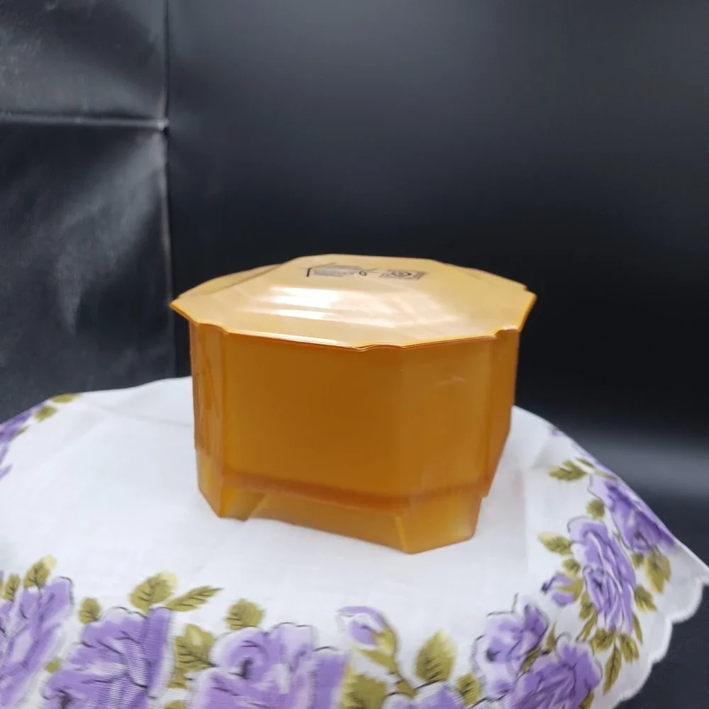 Deco Pressed Frosted Amber Glass Celluloid Lid Dresser Trinket Box